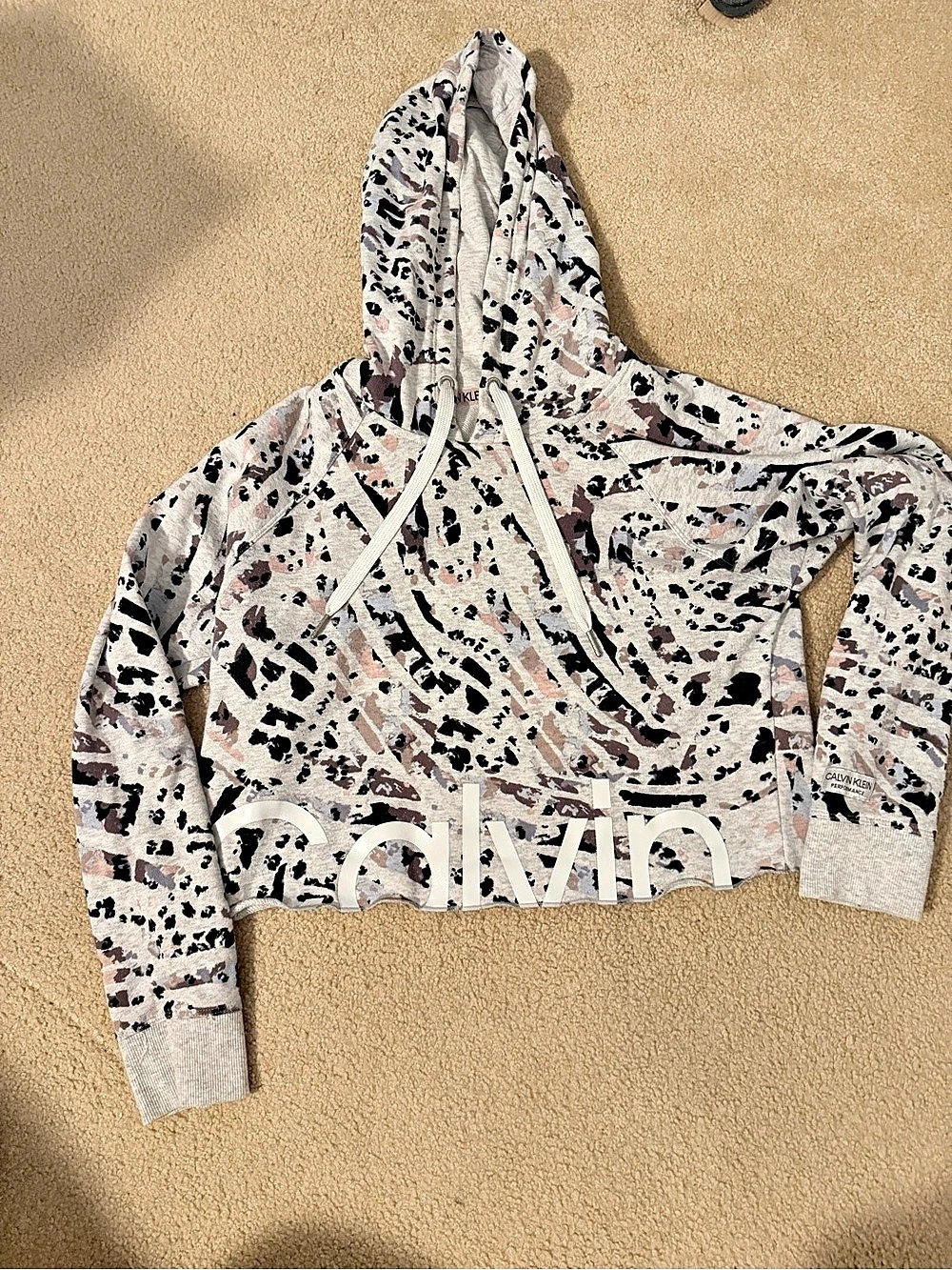 Calvin Klein Performance Abstract Print Cropped Hoodie in Pink & Black Like New